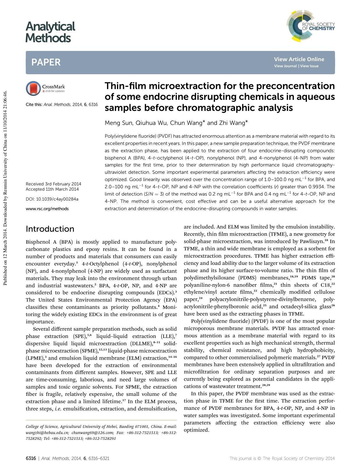 Thin-film microextraction for the preconcentration of some endocrine disrupting chemicals in aqueous samples before chromatographic analysis by Meng Sun & Qiuhua Wu & Chun Wang & Zhi Wang