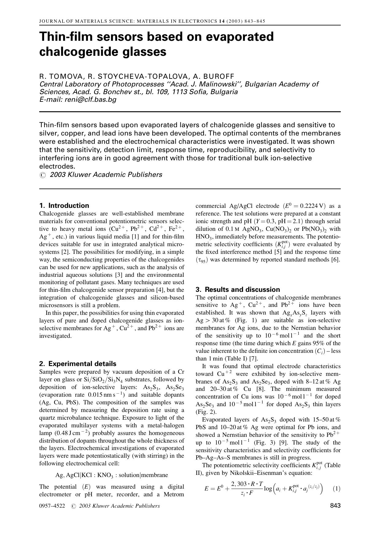 Thin-film sensors based on evaporated chalcogenide glasses by Unknown