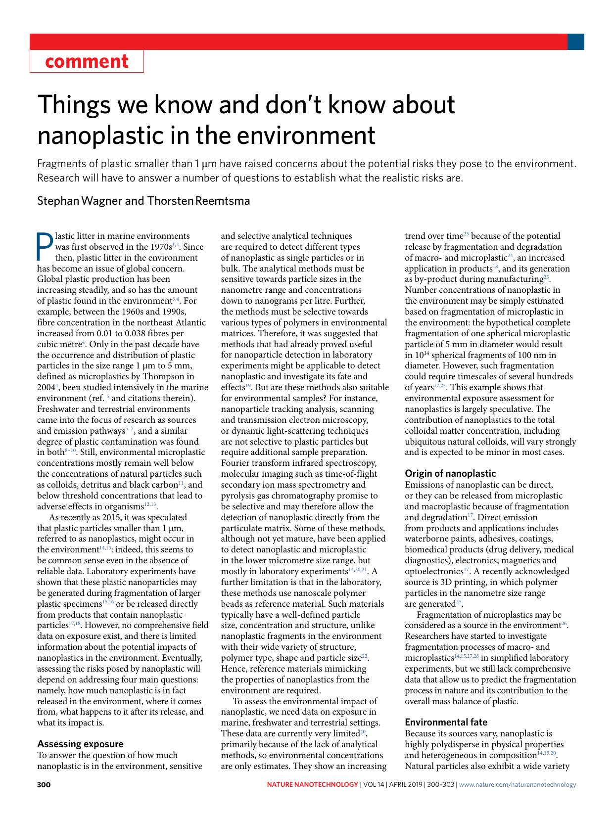 Things we know and donât know about nanoplastic in the environment by Stephan Wagner