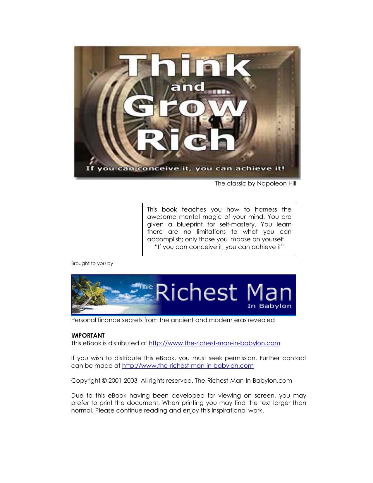 Think And Grow Rich (Richest Man).pdf by Copyright © 2001-2003 All rights reserved. The-Richest-Man-In-Babylon.com