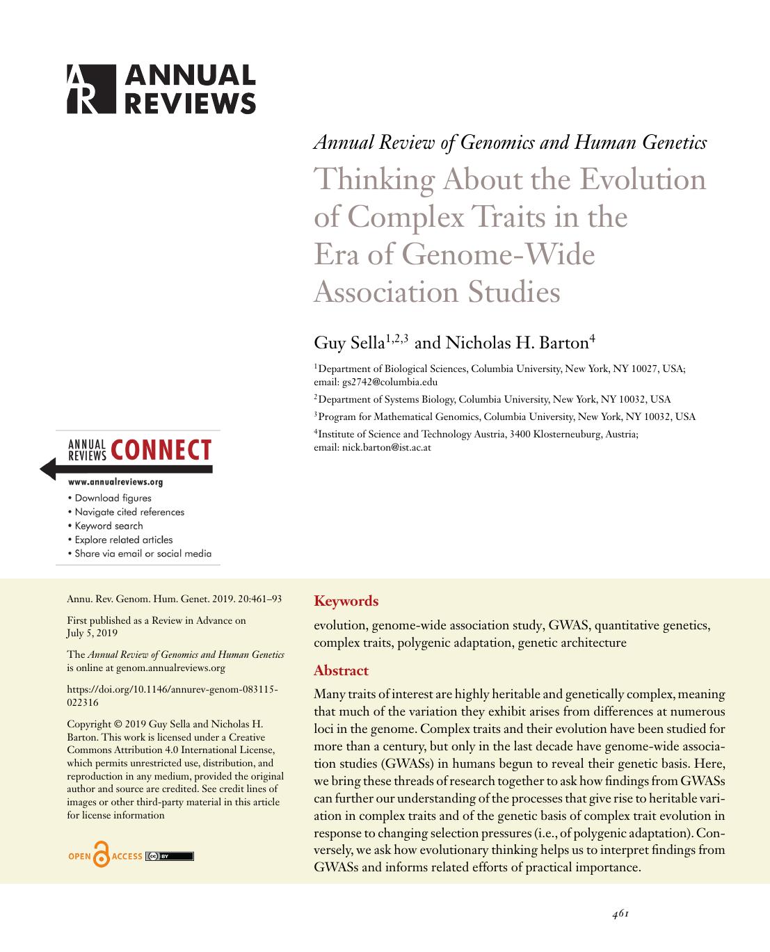 Thinking About the Evolution of Complex Traits in the Era of Genome-Wide Association Studies by Guy Sella and Nicholas H. Barton
