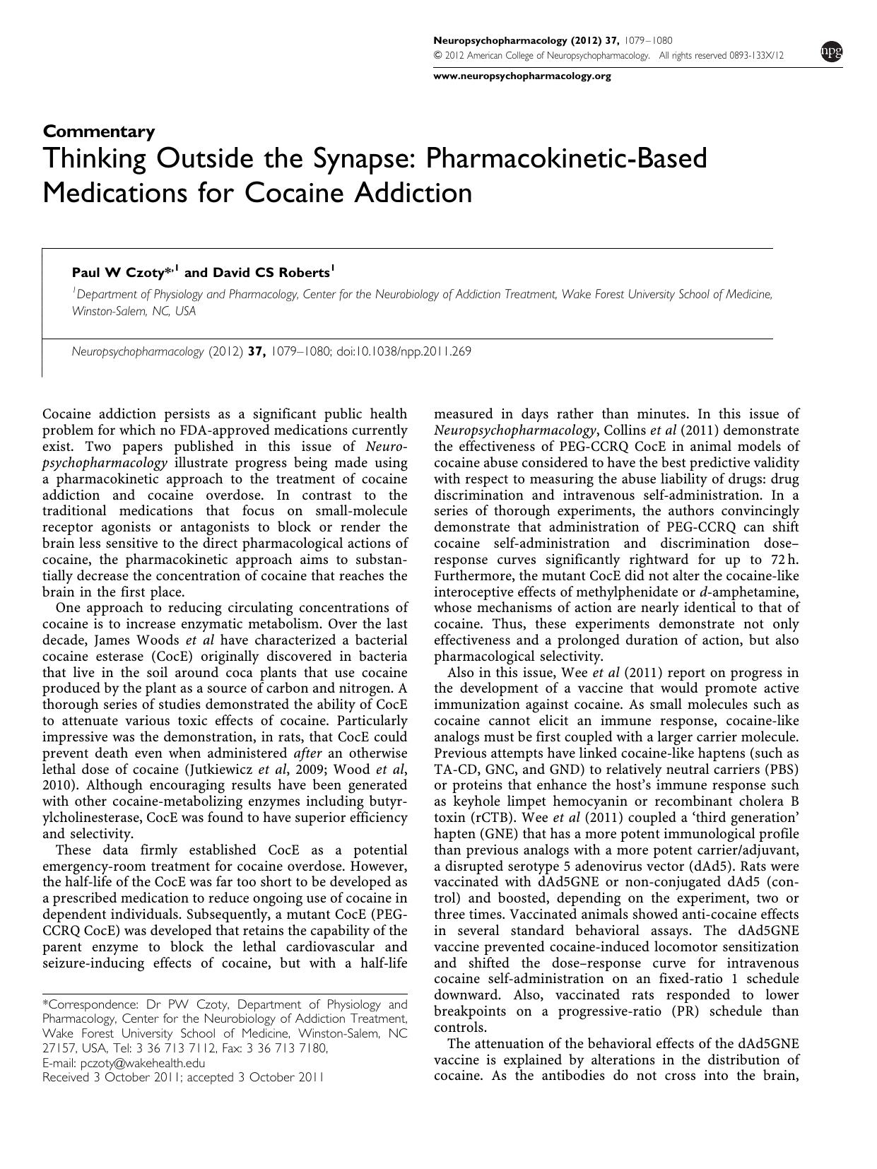 Thinking Outside the Synapse: Pharmacokinetic-Based Medications for Cocaine Addiction by Paul W Czoty & David CS Roberts
