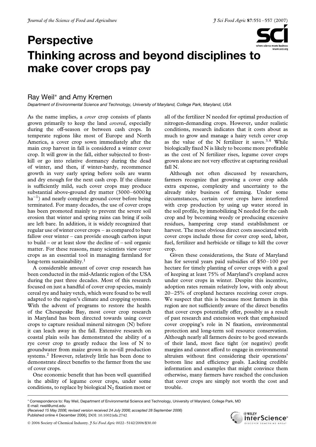 Thinking across and beyond disciplines to make cover crops pay by Unknown