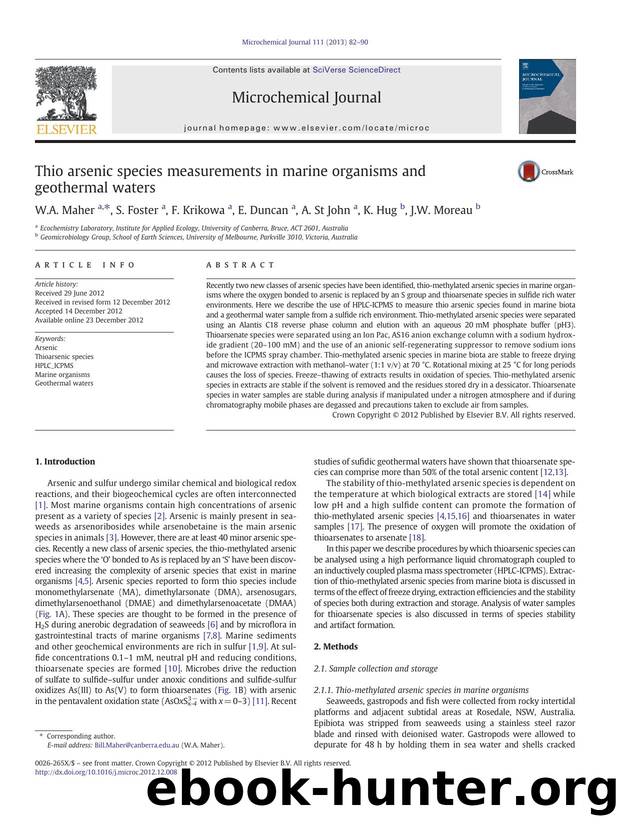 Thio arsenic species measurements in marine organisms and geothermal waters by W.A. Maher & S. Foster & F. Krikowa & E. Duncan & A. St John & K. Hug & J.W. Moreau