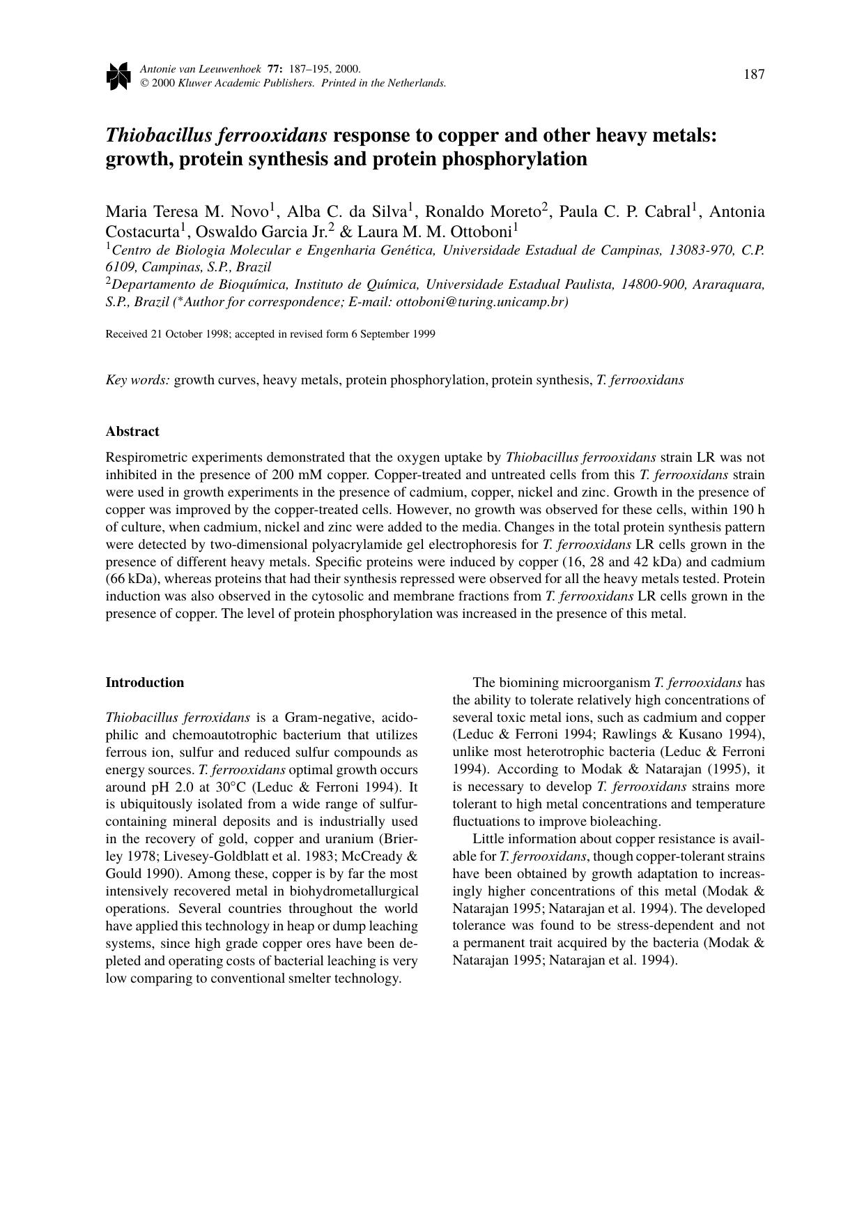 Thiobacillus ferrooxidans response to copper and other heavy metals: growth, protein synthesis and protein phosphorylation by Unknown