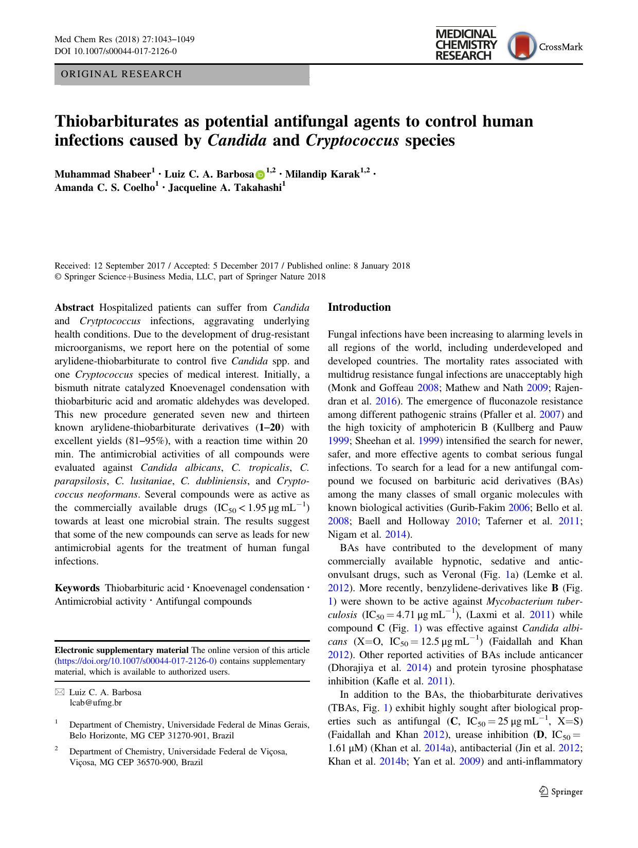 Thiobarbiturates as potential antifungal agents to control human infections caused by Candida and Cryptococcus species by unknow