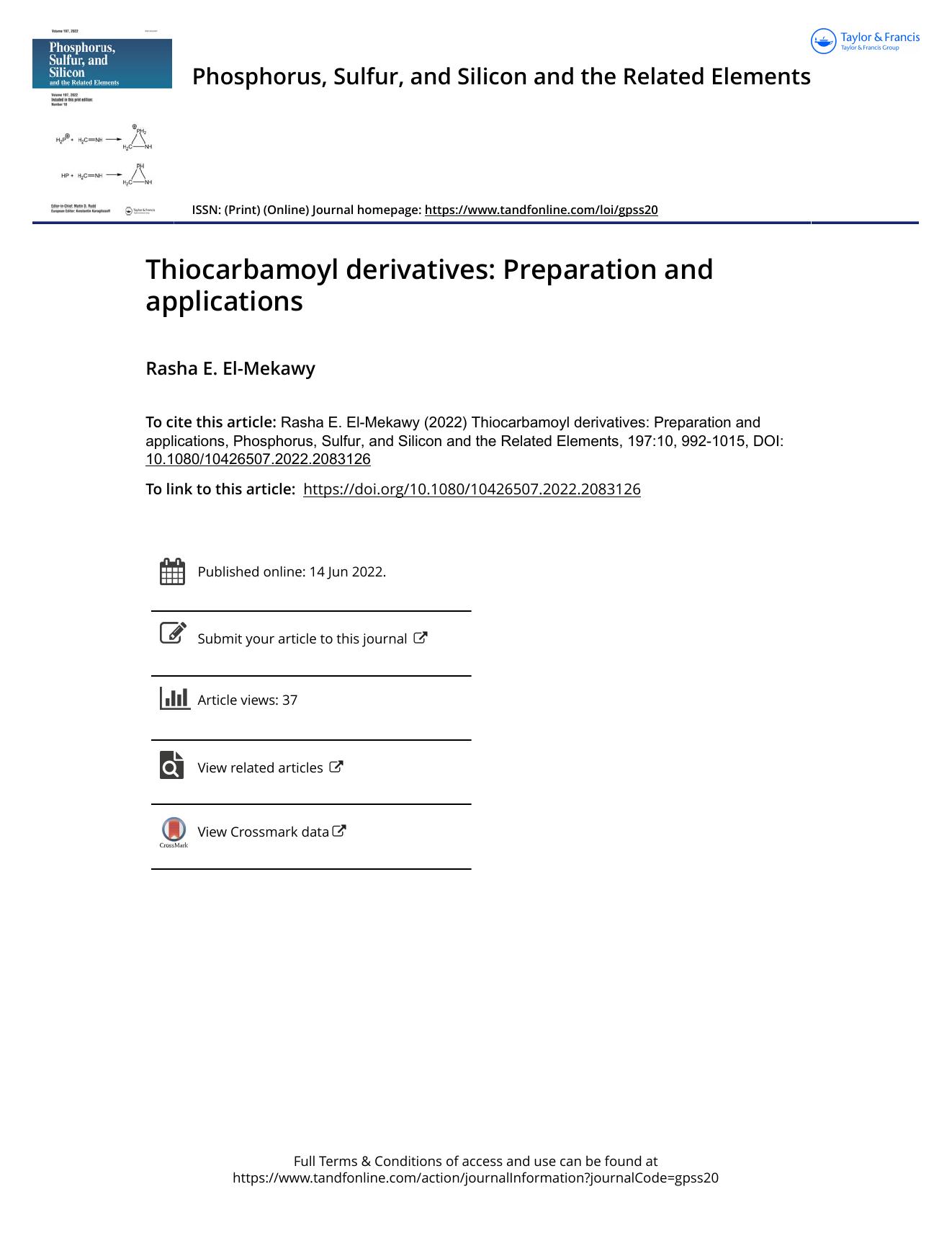 Thiocarbamoyl derivatives: Preparation and applications by El-Mekawy Rasha E