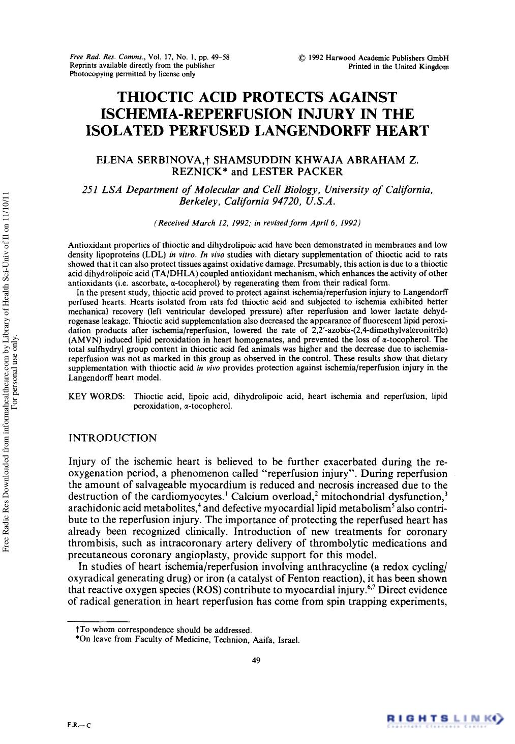 Thioctic Acid Protects Against Ischemia-Reperfusion Injury in the Isolated Perfused Langendorff Heart by Elena Serbinova1 Shamsuddin Khwaja Abraham Z. Reznick1† & Lester Packer1
