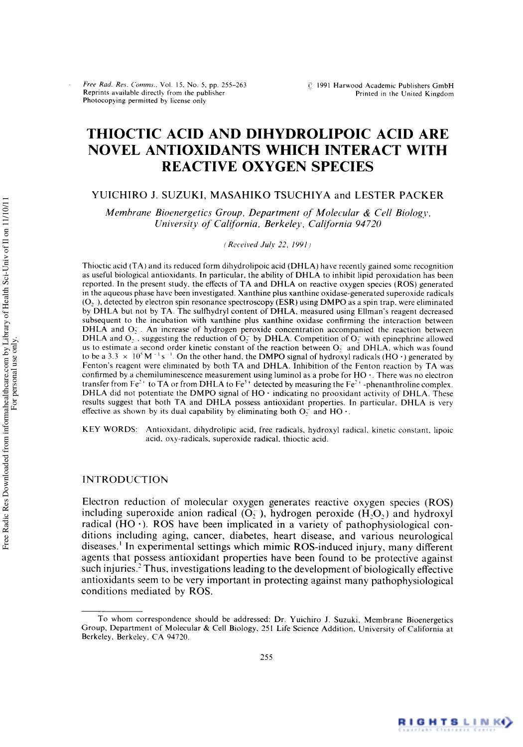Thioctic Acid and Dihydrolipoic Acid are Novel Antioxidants Which Interact With Reactive Oxygen Species by Yuichiro J. Suzuki1† Masahiko Tsuchiya1 & Lester Packer1