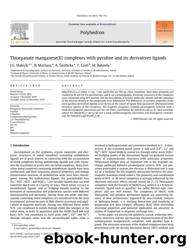 Thiocyanate manganese(II) complexes with pyridine and its derivatives ligands by J.G. MaÅ‚ecki & B. Machura & A. Świtlicka & T. Groń & M. Bałanda
