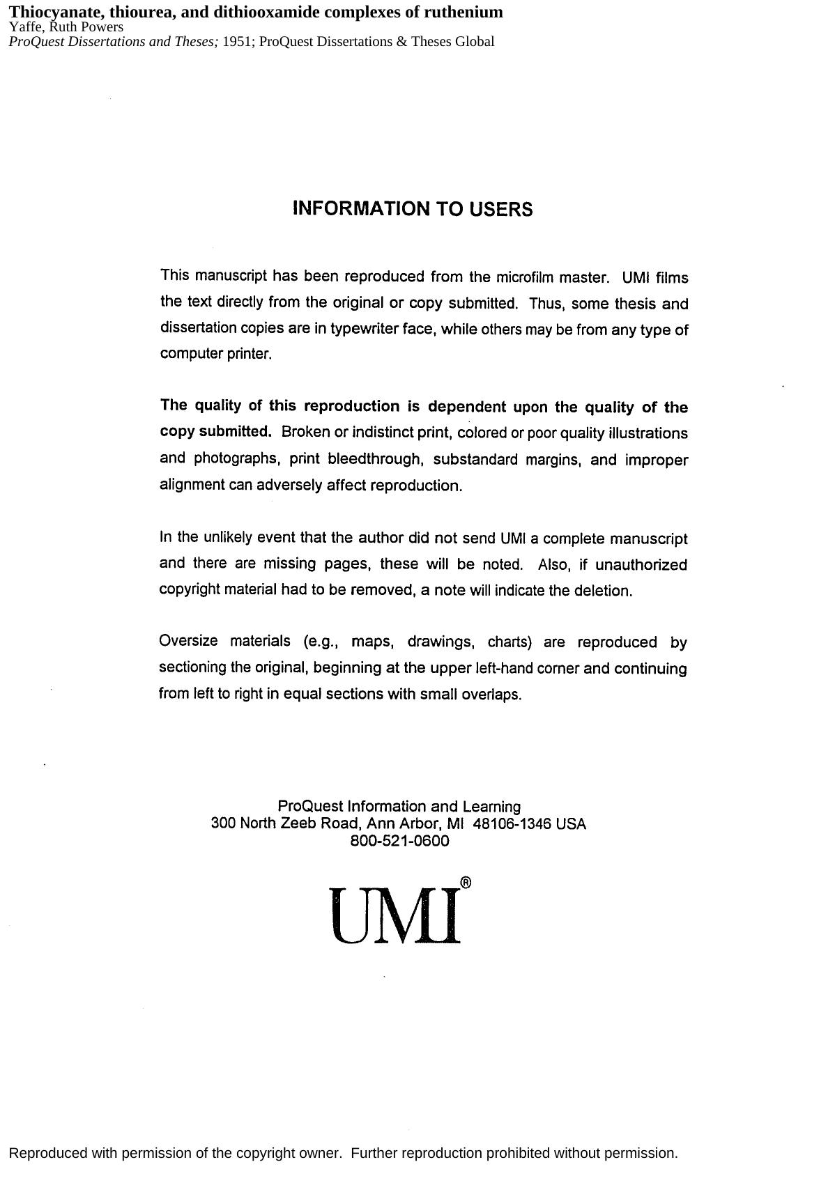 Thiocyanate, thiourea, and dithiooxamide complexes of ruthenium by Yaffe Ruth Powers