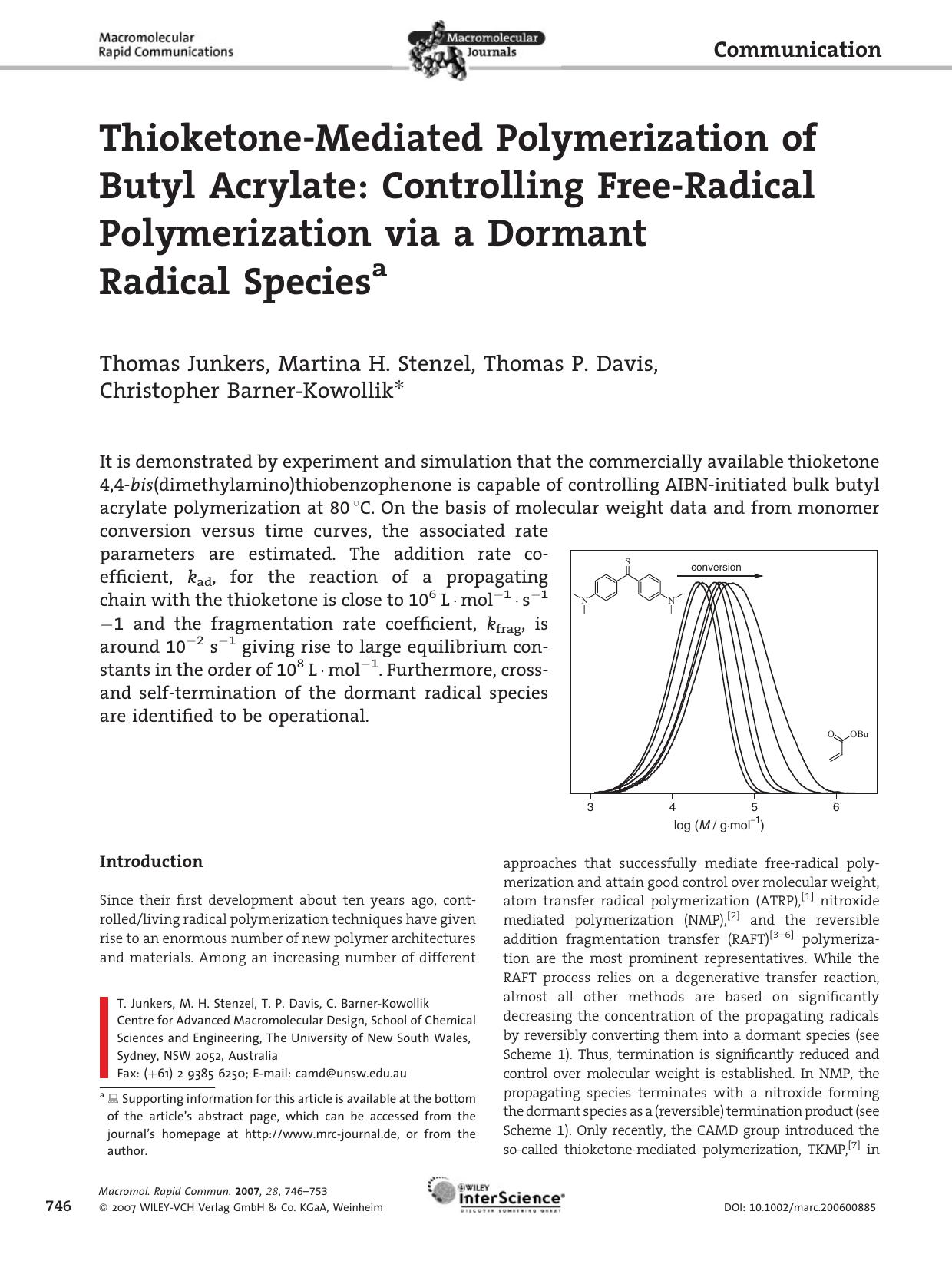 Thioketone-Mediated Polymerization of Butyl Acrylate: Controlling Free-Radical Polymerization via a Dormant Radical Species by Unknown