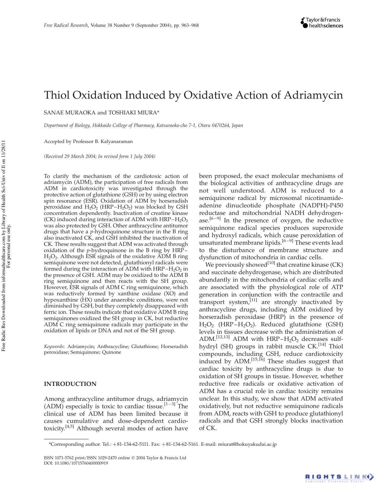 Thiol Oxidation Induced by Oxidative Action of Adriamycin by Sanae Muraoka & Toshiaki Miura
