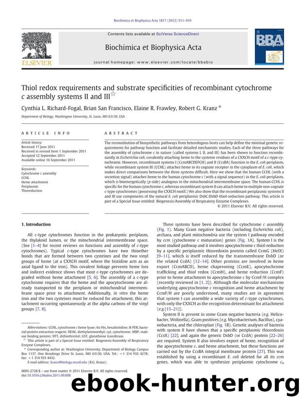 Thiol redox requirements and substrate specificities of recombinant cytochrome c assembly systems II and III by Cynthia L. Richard-Fogal & Brian San Francisco & Elaine R. Frawley & Robert G. Kranz