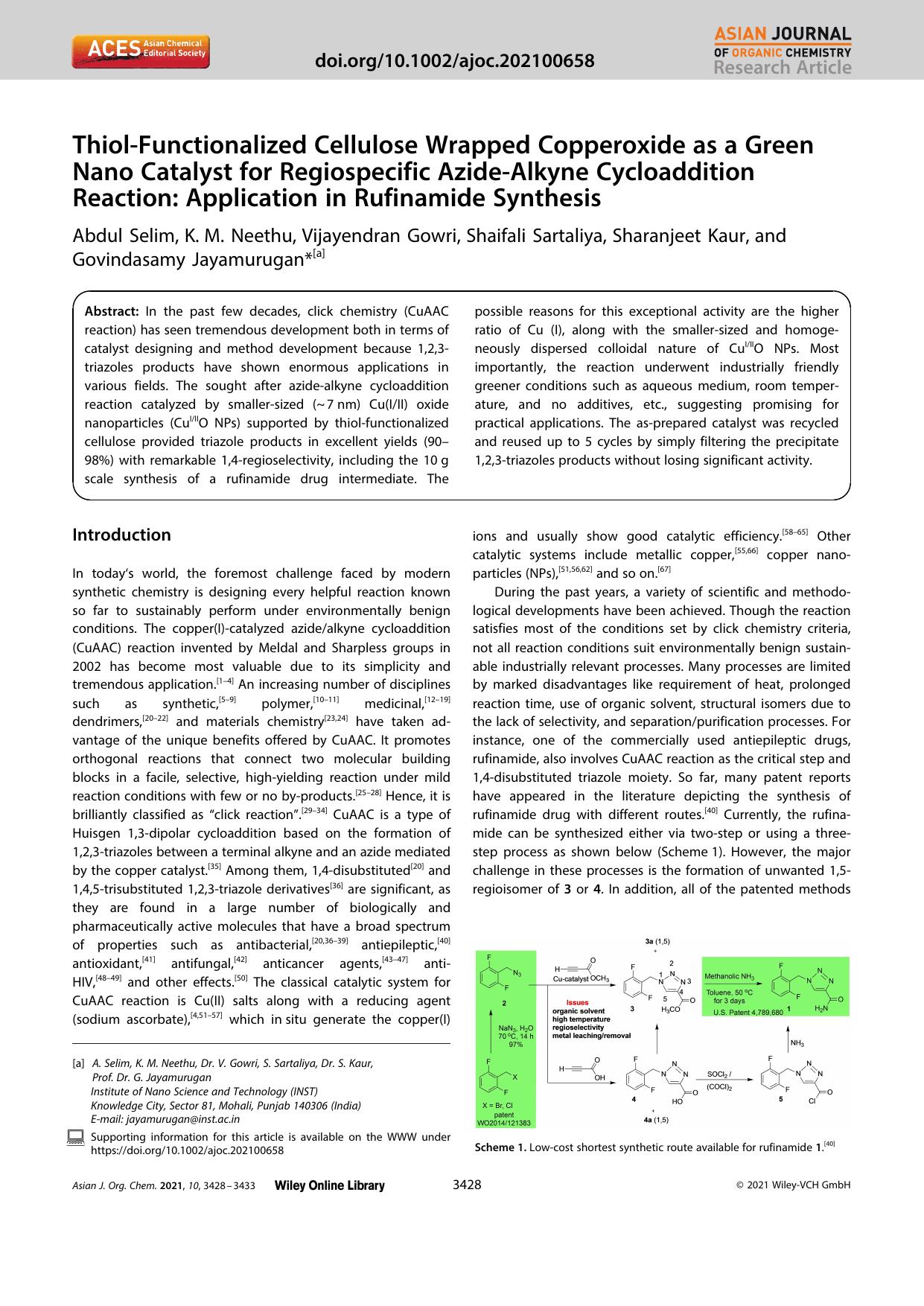 ThiolâFunctionalized Cellulose Wrapped Copperoxide as a Green Nano Catalyst for Regiospecific AzideâAlkyne Cycloaddition Reaction: Application in Rufinamide Synthesis by Unknown