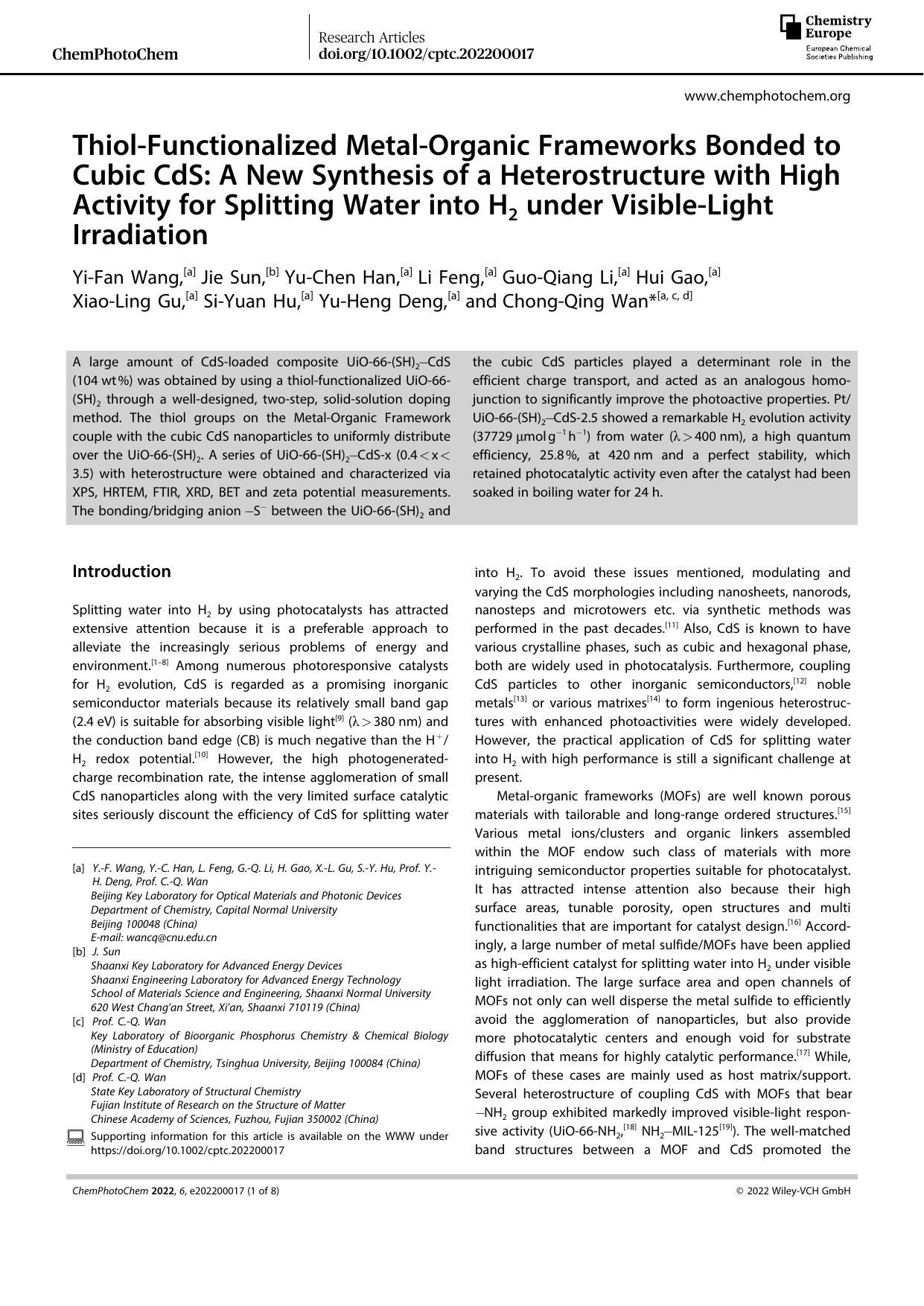 ThiolâFunctionalized MetalâOrganic Frameworks Bonded to Cubic CdS: A New Synthesis of a Heterostructure with High Activity for Splitting Water into H2 under VisibleâLight Irradiation by Unknown