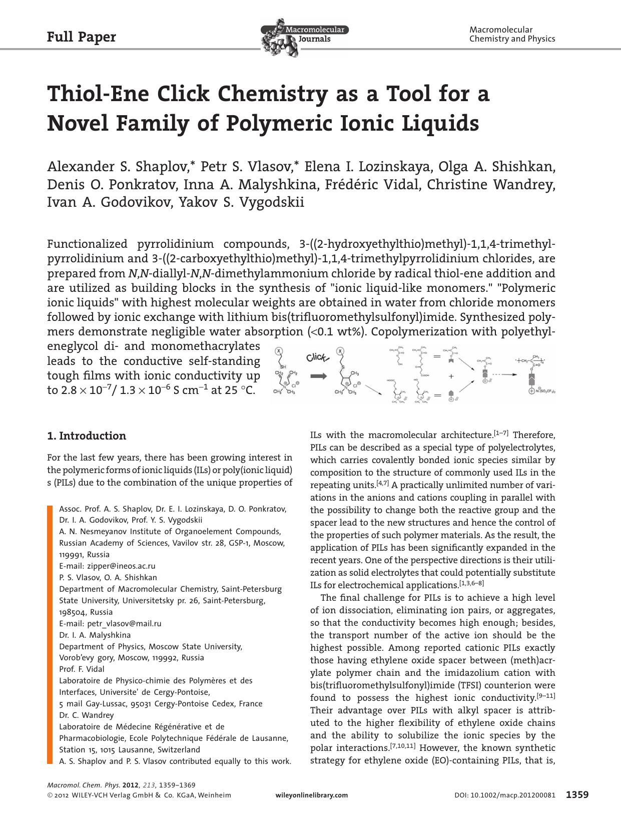 ThiolEne Click Chemistry as a Tool for a Novel Family of Polymeric Ionic Liquids by vng