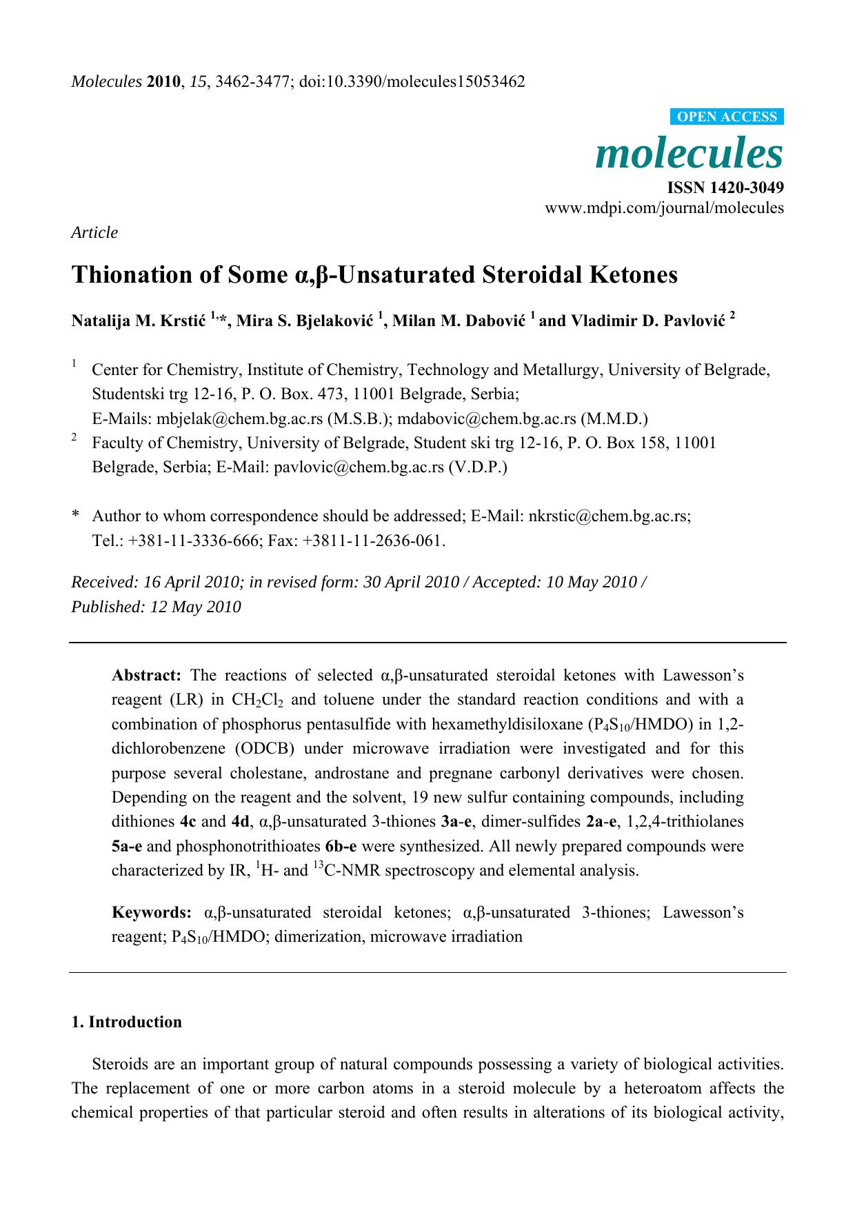 Thionation of Some Î±,Î²-Unsaturated Steroidal Ketones by Natalija M. Krstić & Mira S. Bjelaković & Milan M. Dabović & Vladimir D. Pavlović