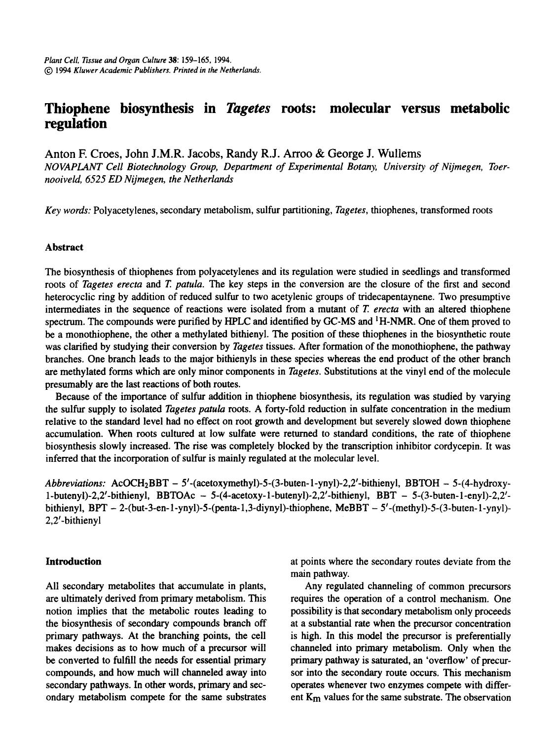 Thiophene biosynthesis in <Emphasis Type="Italic">Tagetes <Emphasis> roots: molecular versus metabolic regulation by Unknown