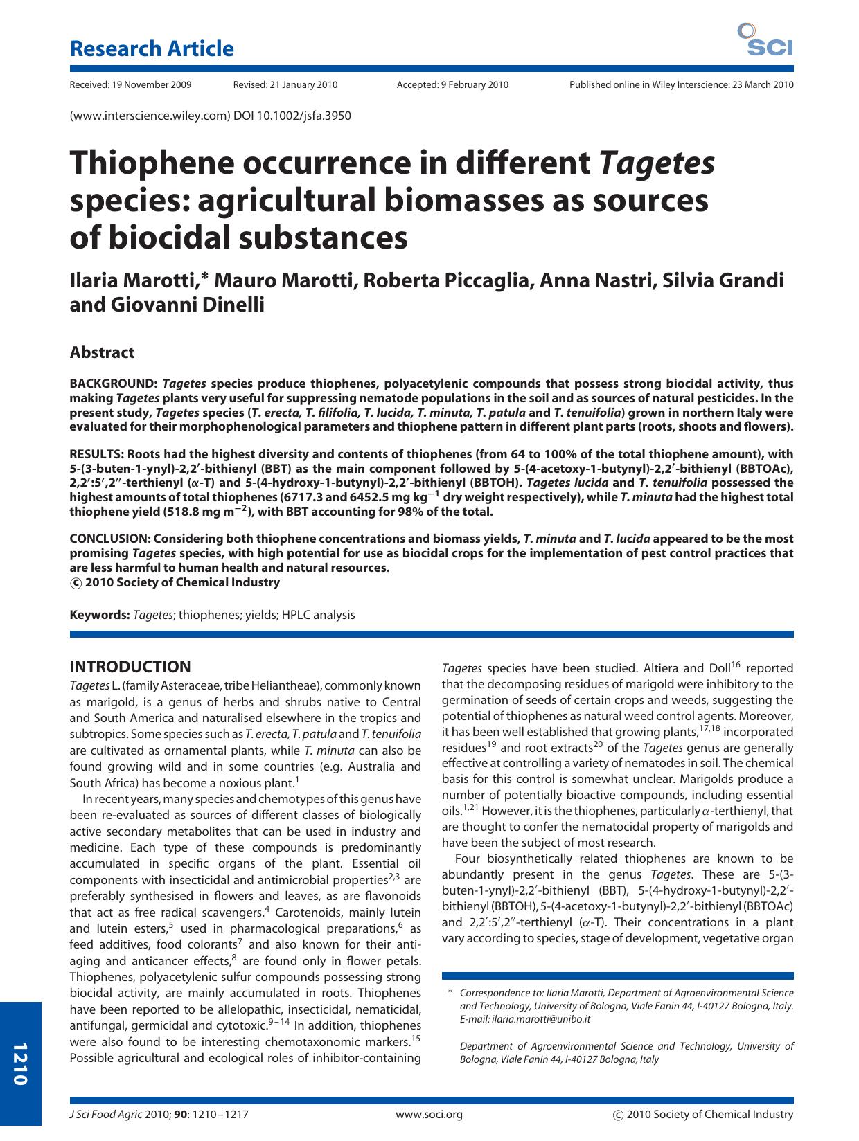 Thiophene occurrence in different Tagetes species: agricultural biomasses as sources of biocidal substances by Unknown