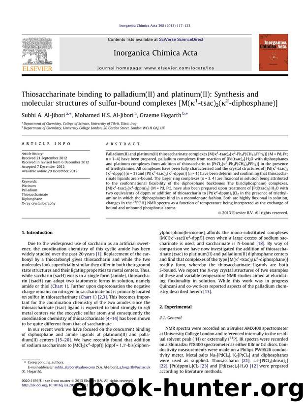 Thiosaccharinate binding to palladium(II) and platinum(II): Synthesis and molecular structures of sulfur-bound complexes [M(ÃÂº1-tsac)2(ÃÂº2-diphosphane)] by Subhi A. Al-Jibori & Mohamed H.S. Al-Jibori & Graeme Hogarth