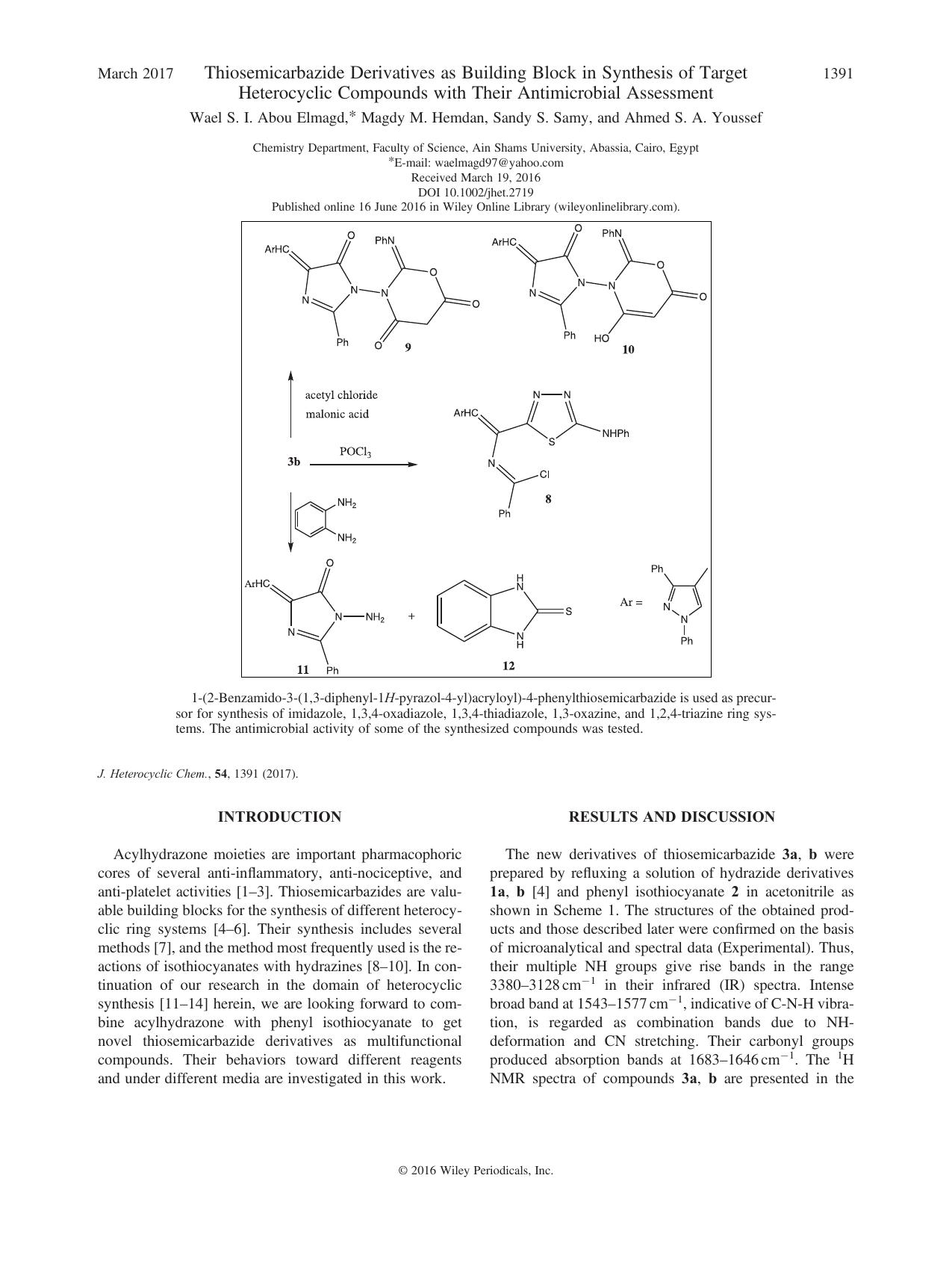 Thiosemicarbazide Derivatives as Building Block in Synthesis of Target Heterocyclic Compounds with Their Antimicrobial Assessment by Wael S. I. Abou Elmagd Magdy M. Hemdan Sandy S. Samy Ahmed S. A. Youssef
