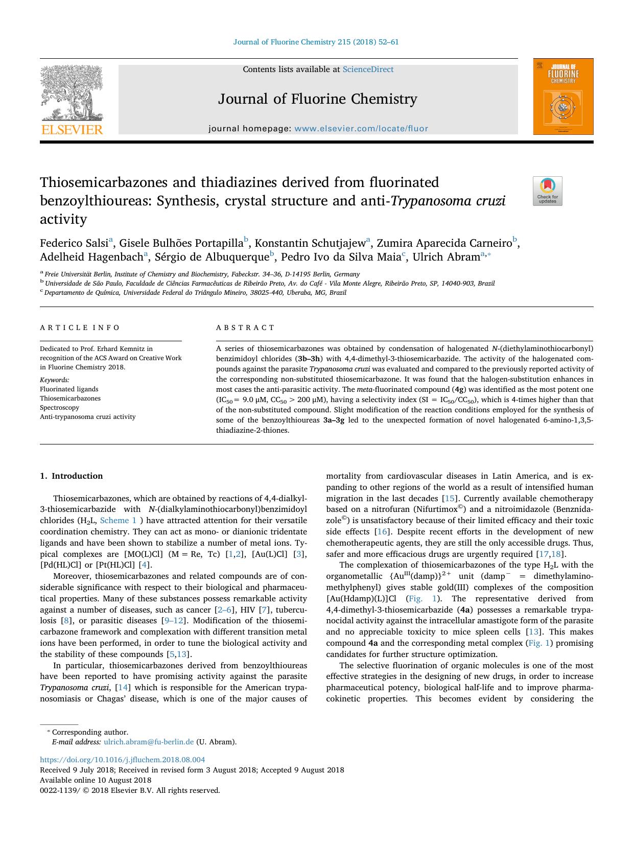 Thiosemicarbazones and thiadiazines derived from fluorinated benzoylthioureas_ Synthesis, crystal structure and anti-Trypanosoma cruzi activity by Federico Salsi