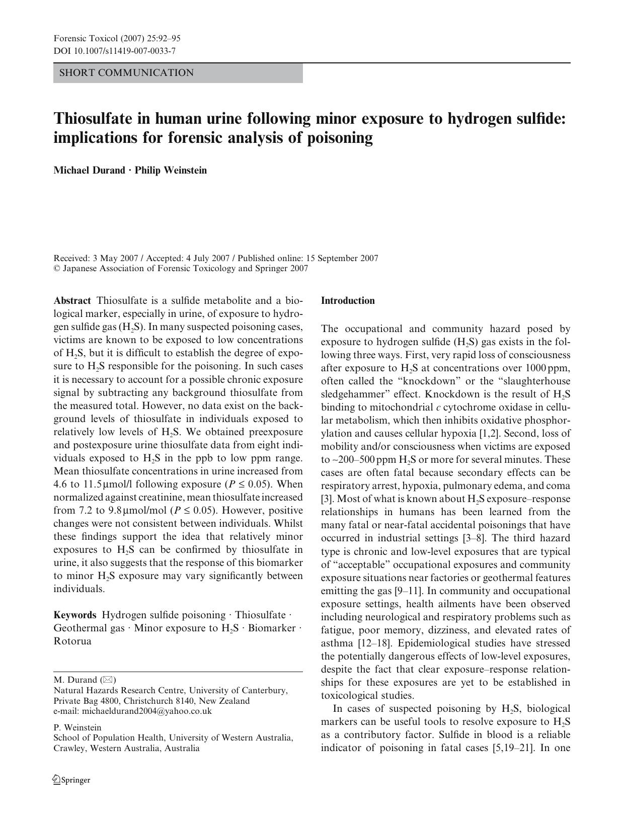 Thiosulfate in human urine following minor exposure to hydrogen sulfide: implications for forensic analysis of poisoning by Unknown