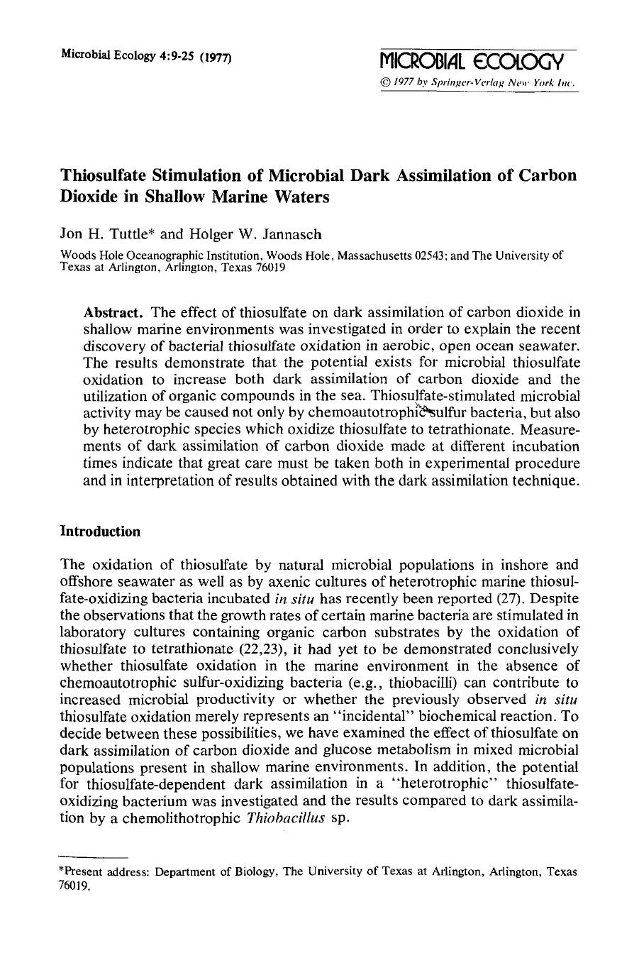 Thiosulfate stimulation of microbial dark assimilation of carbon dioxide in shallow marine waters by Unknown
