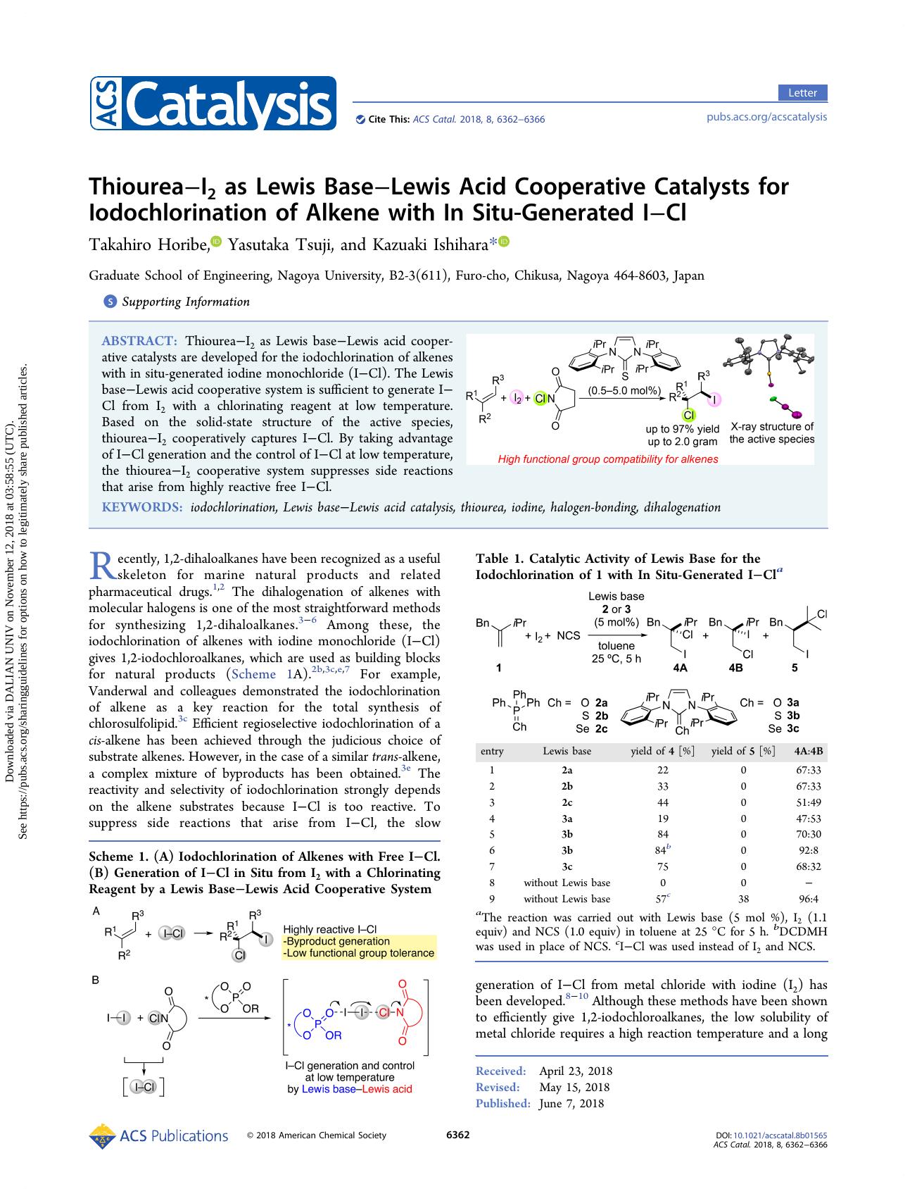 ThioureaâI2 as Lewis BaseâLewis Acid Cooperative Catalysts for Iodochlorination of Alkene with In Situ-Generated IâCl by Takahiro Horibe & Yasutaka Tsuji & Kazuaki Ishihara