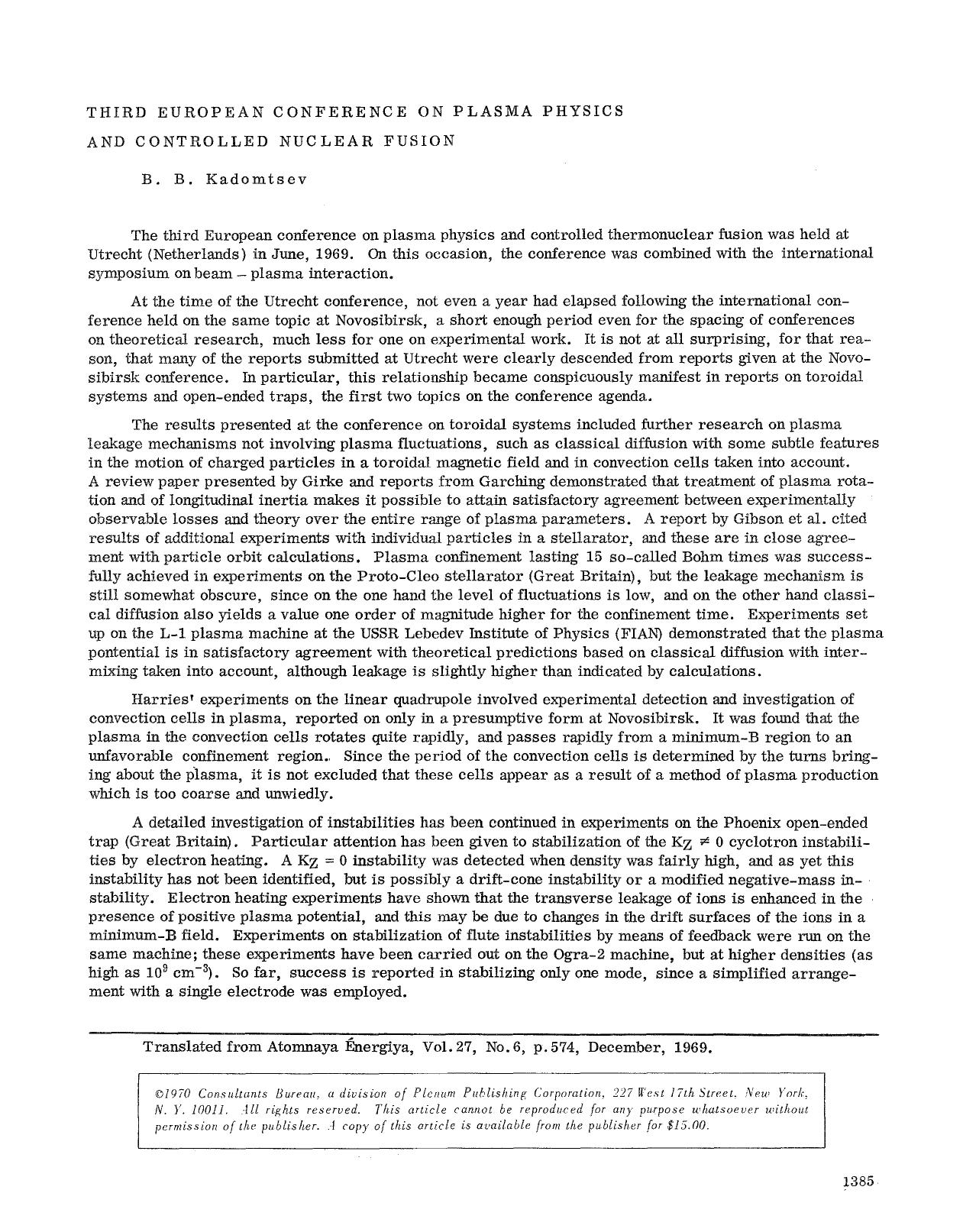 Third European Conference on Plasma Physics and Controlled Nuclear Fusion by Unknown