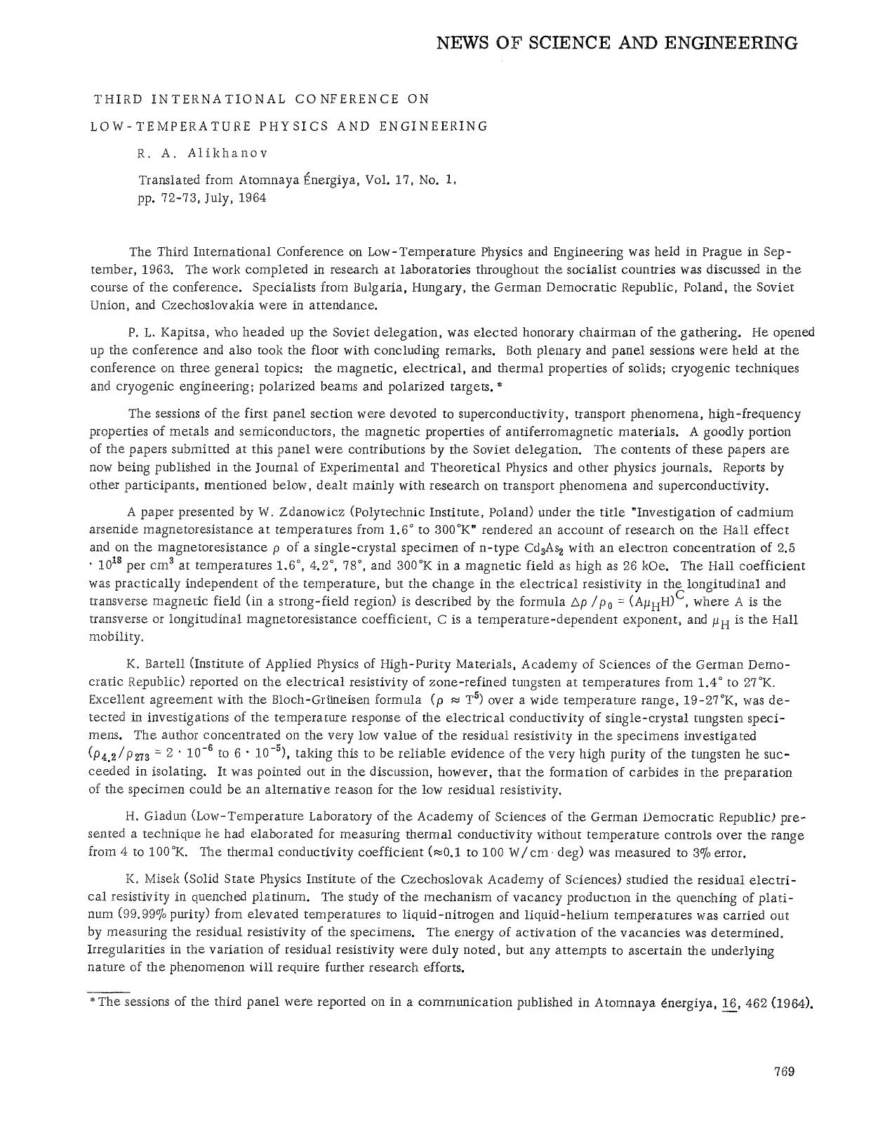 Third International Conference on Low-Temperature Physics and Engineering by Unknown