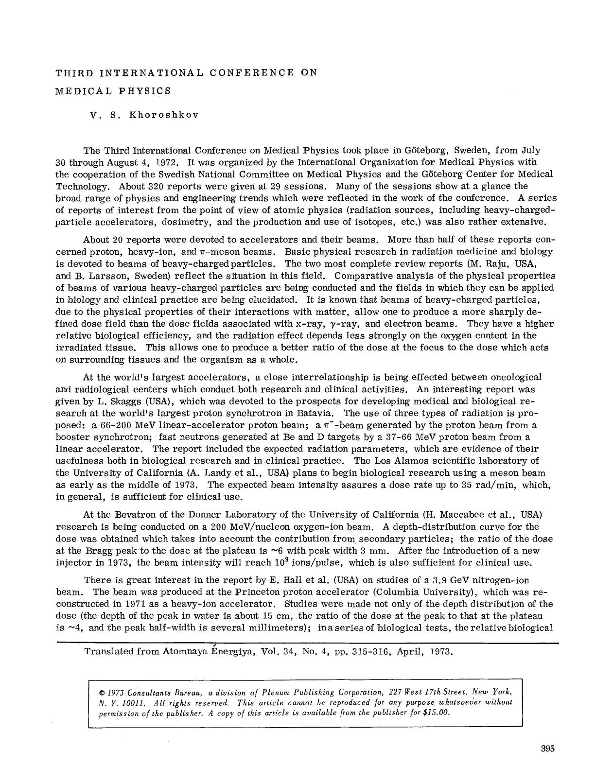 Third International Conference on Medical Physics by Unknown