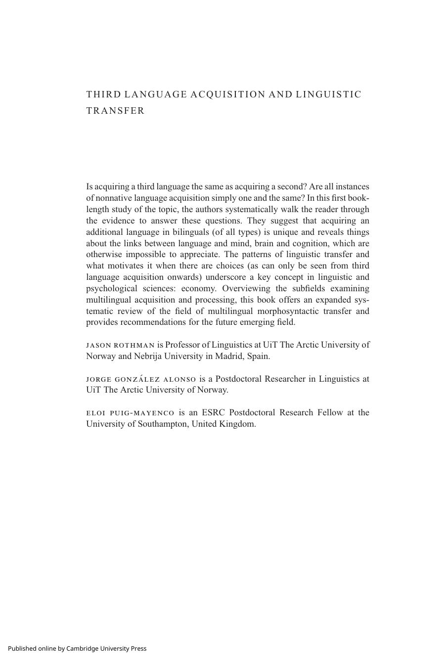 Third Language Acquisition and Linguistic Transfer by Jason Rothman Jorge González Alonso Eloi Puig-Mayenco