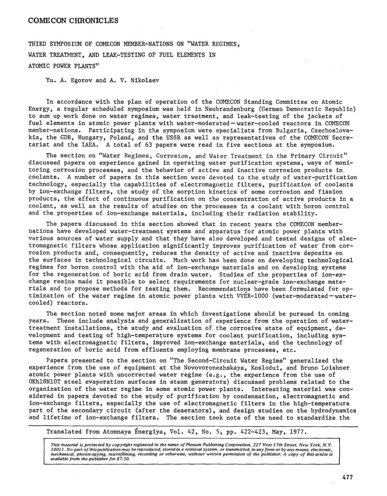 Third Symposium of COMECON Member-Nations on “Water Regimes, Water Treatment, and Leak-Testing of Fuel Elements in Atomic Power Plants” by Unknown