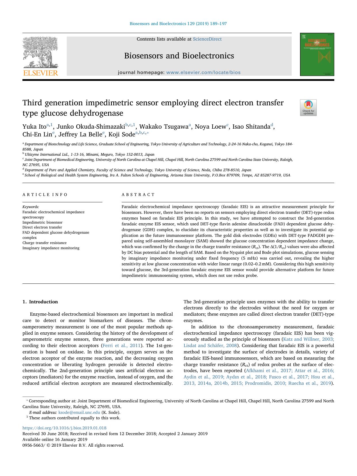 Third generation impedimetric sensor employing direct electron transfer type glucose dehydrogenase by unknow