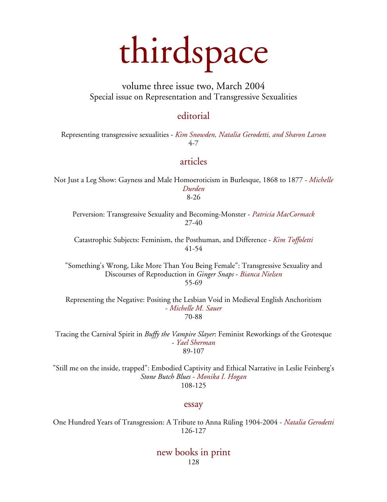 Thirdspace: A Journal of Feminist Theory and Culture: Special issue on Representation and Transgressive Sexualities: by Thirdspace
