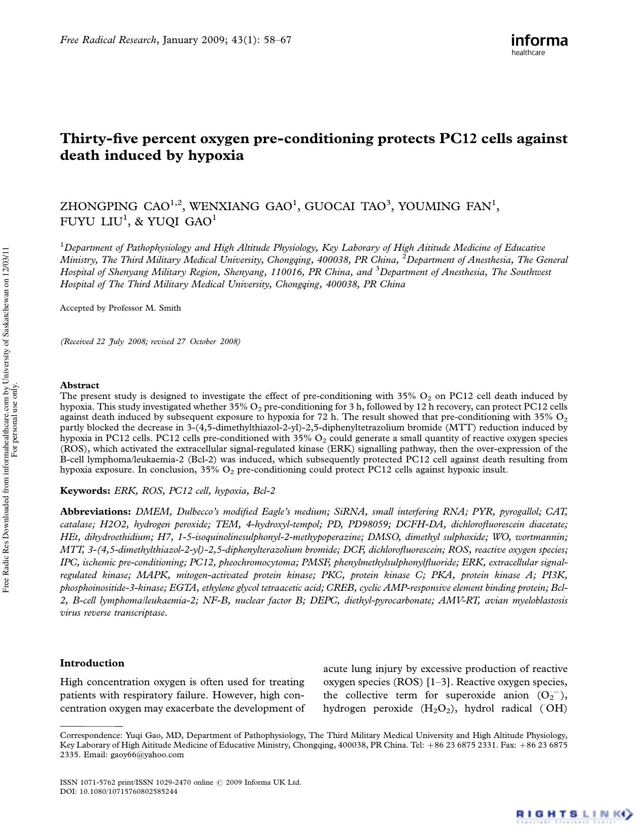 Thirty-five percent oxygen pre-conditioning protects PC12 cells against death induced by hypoxia by Zhongping Cao1 2 Wenxiang Gao1 Guocai Tao3 Youming Fan1 Fuyu Liu1 & Yuqi Gao MD1