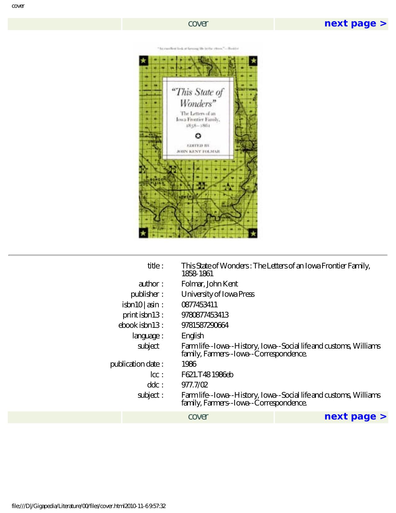 This State of Wonders: The Letters of an Iowa Frontier Family, 1858-1861 (Bur Oak Book) by John Kent Folmar