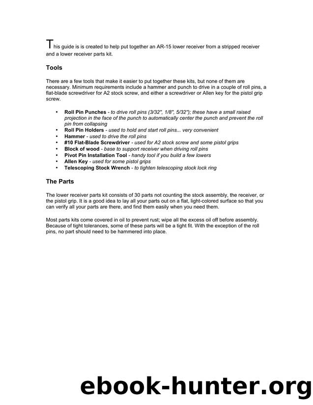 This guide is is created to help put together an AR-15 lower receiver from a stripped receiver and a lower receiver parts kit by Russ Cuthrell