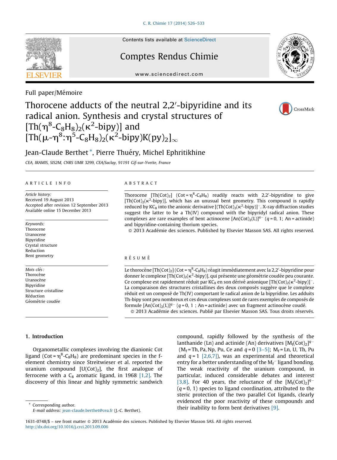 Thorocene adducts of the neutral 2,2â²-bipyridine and its radical anion. Synthesis and crystal structures of [Th(Î·8-C8H8)2(Îº2-bipy)] and [Th(Î¼-Î·8:Î·5-C8H8)2(Îº2-bipy)K(py)2]â by Jean-Claude Berthet & Pierre Thuéry & Michel Ephritikhine