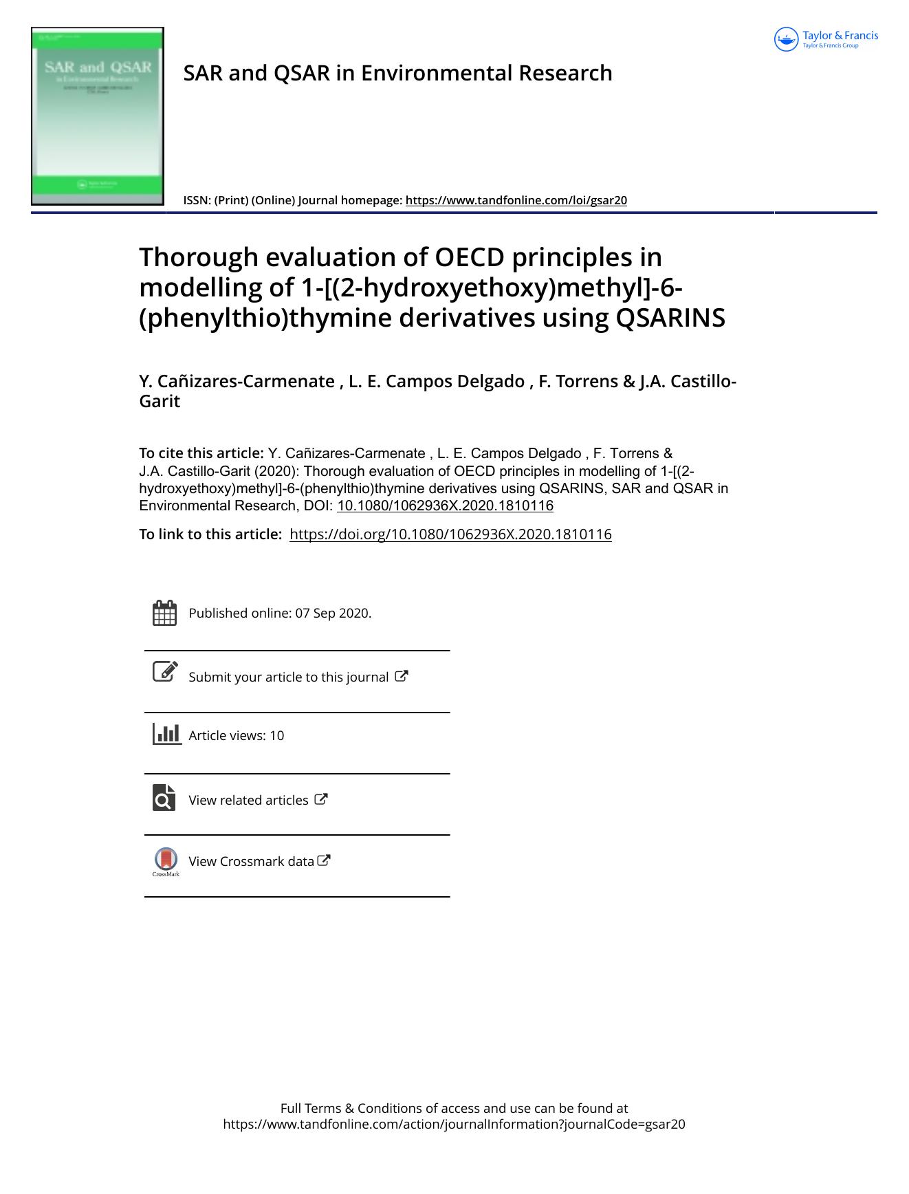 Thorough evaluation of OECD principles in modelling of 1-[(2-hydroxyethoxy)methyl]-6-(phenylthio)thymine derivatives using QSARINS by Y. Cañizares-Carmenate & L. E. Campos Delgado & F. Torrens & J.A. Castillo-Garit