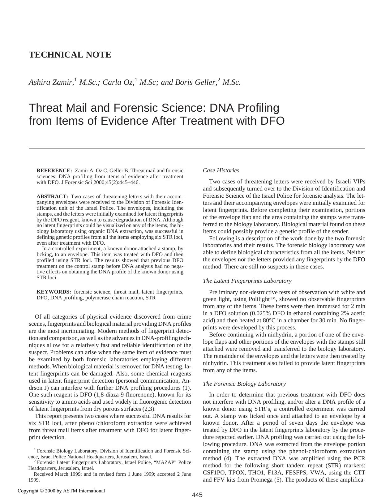Threat mail and forensic science: DNA profiling from items of evidence after treatment with DFO by Zamir A Oz C Geller B