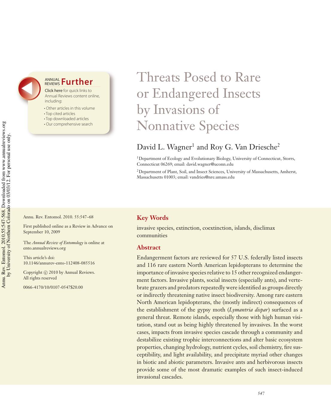 Threats Posed to Rare or Endangered Insects by Invasions of Nonnative Species by David L. Wagner1 & Roy G. Van Driesche2