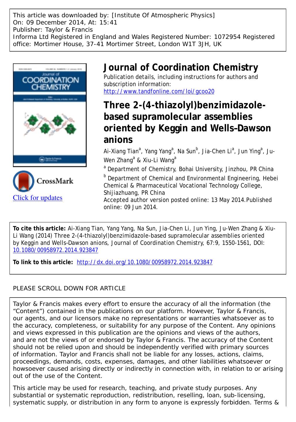 Three 2-(4-thiazolyl)benzimidazole-based supramolecular assemblies oriented by Keggin and WellsâDawson anions by Ai-Xiang Tian