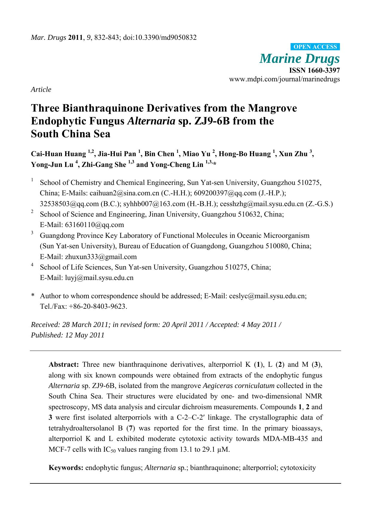 Three Bianthraquinone Derivatives from the Mangrove Endophytic Fungus Alternaria sp. ZJ9-6B from the South China Sea by unknow