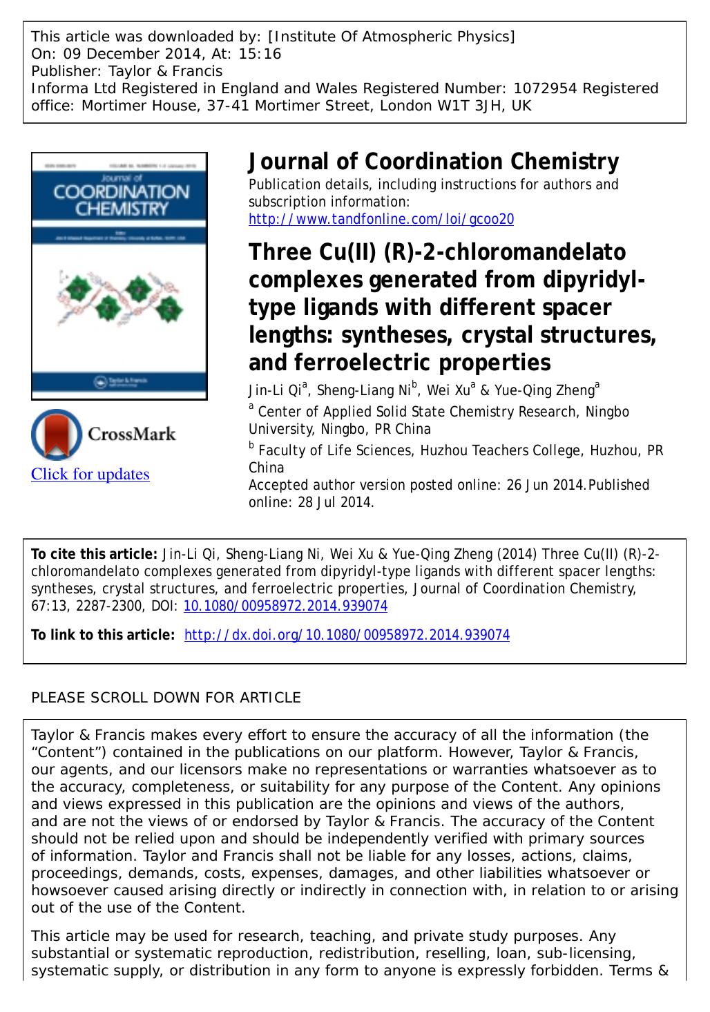 Three Cu(II) (R)-2-chloromandelato complexes generated from dipyridyl-type ligands with different spacer lengths: syntheses, crystal structures, and ferroelectric properties by Jin-Li Qi