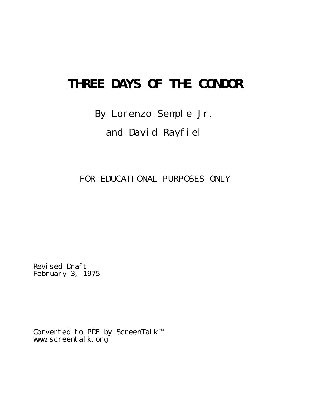Three Days of the Condor by Typed & converted to PDF by SCREENTALK Magazine