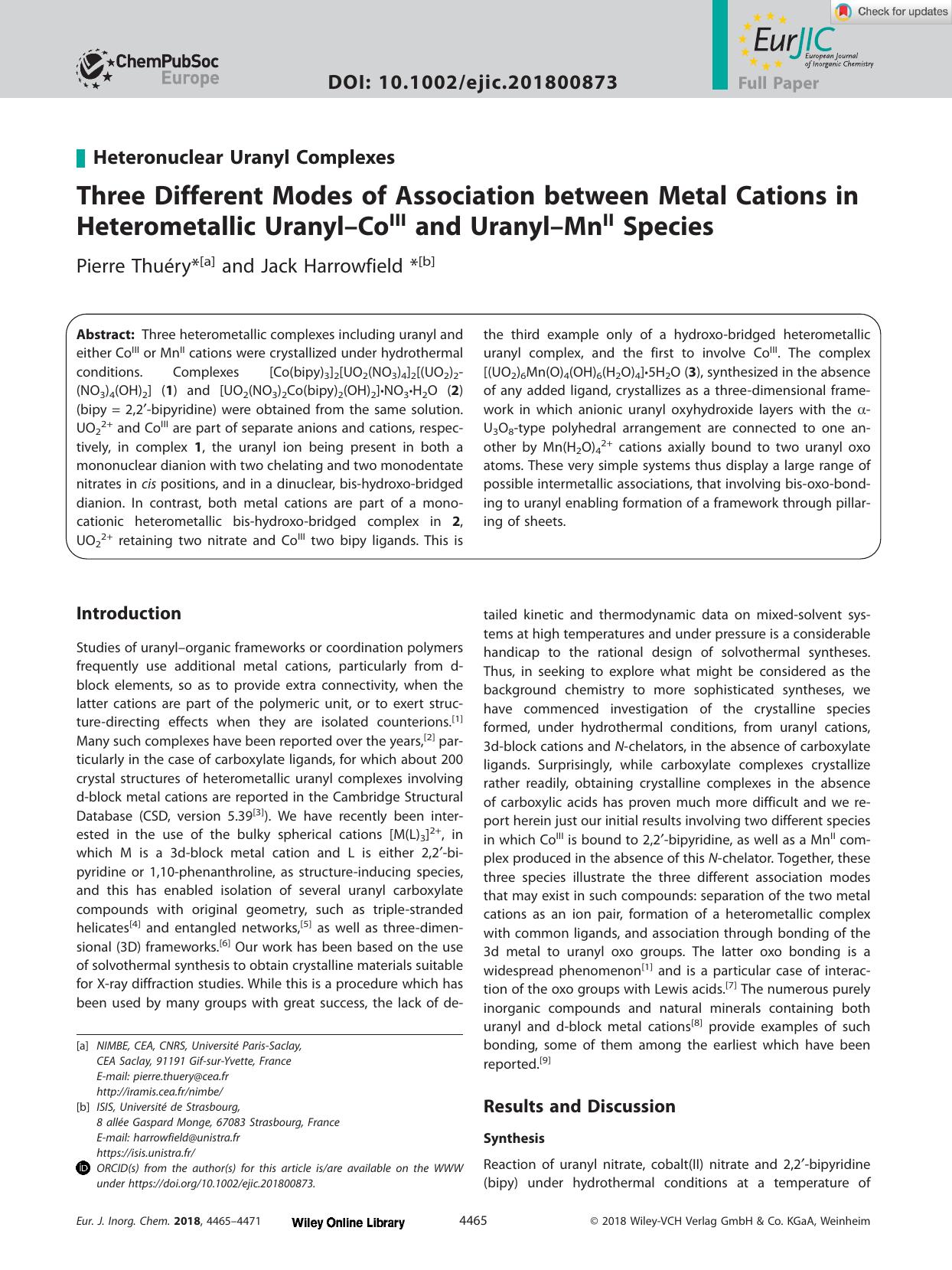 Three Different Modes of Association between Metal Cations in Heterometallic UranylâCoIII and UranylâMnII Species by Unknown