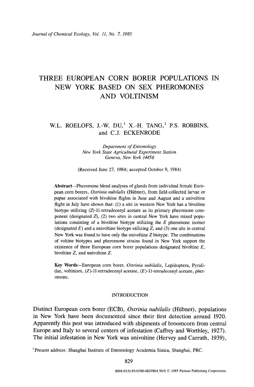 Three European corn borer populations in New York based on sex pheromones and voltinism by Unknown